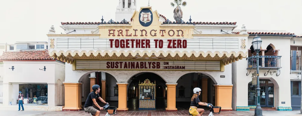 Arlington Theater in Santa Barbara with "Together to Zero" on marquee.