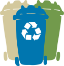 Illustration of trash, recycling, and yard waste cans