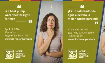Image of a woman with text "Is a water heater right for me?" and details on April 11, 2024 webinar, with same information in Spanish for April 17 webinar.