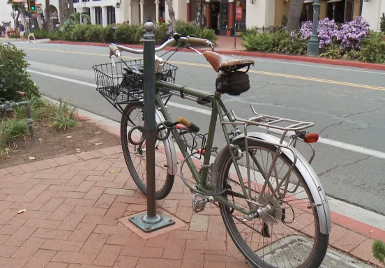 Image of a bike locked to a bicycle hitching post on State Street.