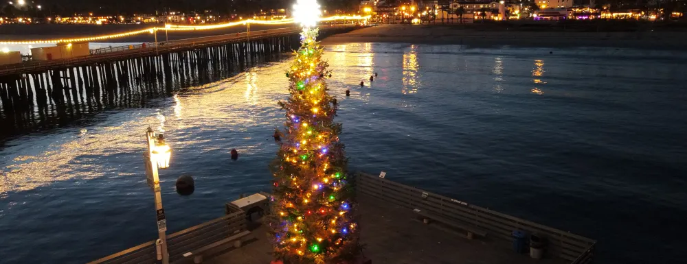 Aerial photo of the Christmas Tree at Stearns Wharf